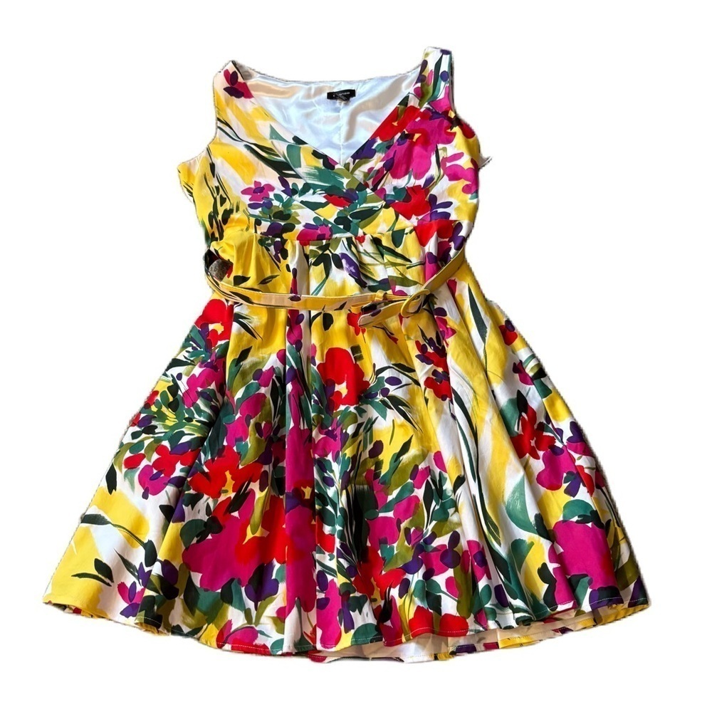 Spence Floral Belted V-neck Faux Wrap Dress Sz 14 Bright Colorful Spring Summer